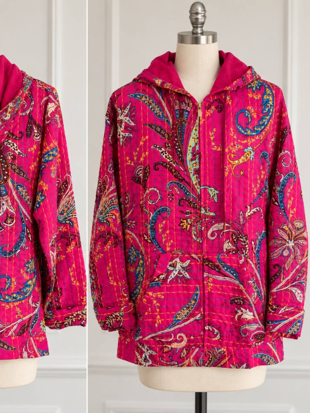 RAJ Hot Pink Paisley Quilted Hooded Jacket Boho Kantha Style